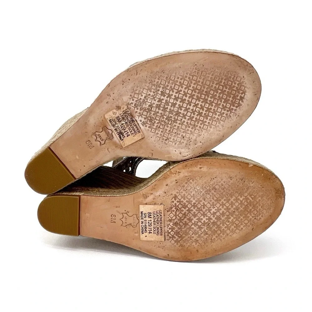 Tory Burch Wedge Espadrille Sandals Size 8 Platinum Metallic Leather Heels Shoes